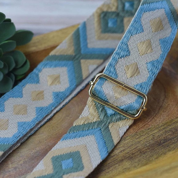 Blue Tan Geometric Woven Adjustable Crossbody Bag Purse Guitar Strap - Picture 1 of 5